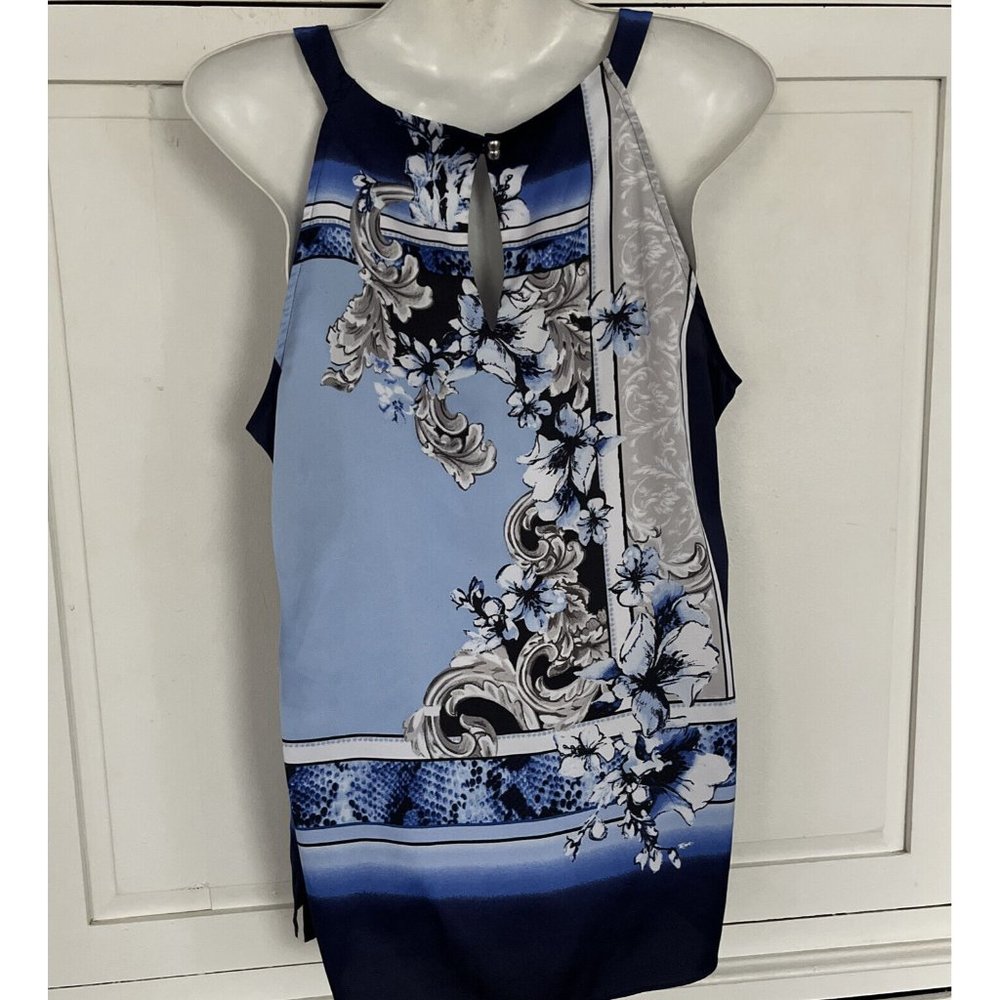 White House Black Market Blue/ Navy Floral Sleeveless Top Size 10 - Picture 4 of 4